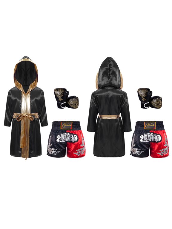 Kids Boys Girls 3Pcs Boxing Suit Satin Hooded Boxing Robes with Boxer Shorts and Punching Sparring Gloves Set Black&Gold 10