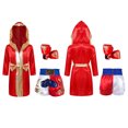 thumbnail image 1 of Sinleey Kids Boys Girls 3Pcs Boxing Suit Satin Hooded Boxing Robes with Boxer Shorts and Punching Sparring Gloves Set Burgundy&Blue 10, 1 of 9