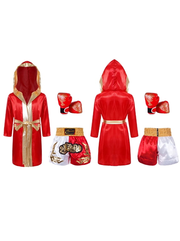 Kids Boys Girls 3Pcs Boxing Suit Satin Hooded Boxing Robes with Boxer Shorts and Punching Sparring Gloves Set Burgundy&Yellow 6