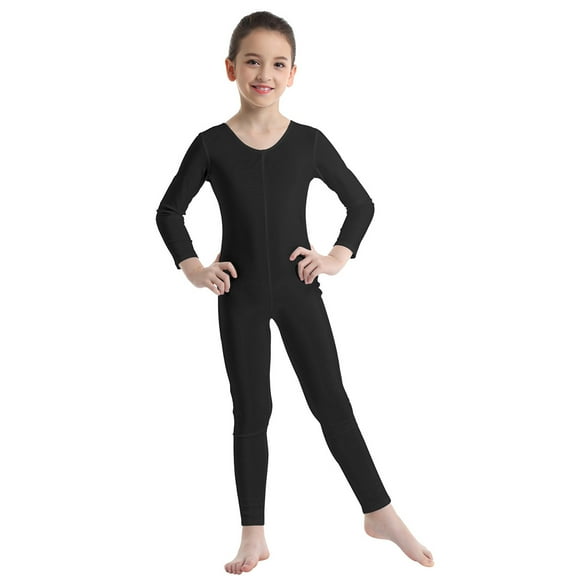 Sinleey Kids Boys Girls Long Sleeve Full Body Jumpsuit Ballet Dance Gymnastic Sports Leotard Bodysuit Black 7-8
