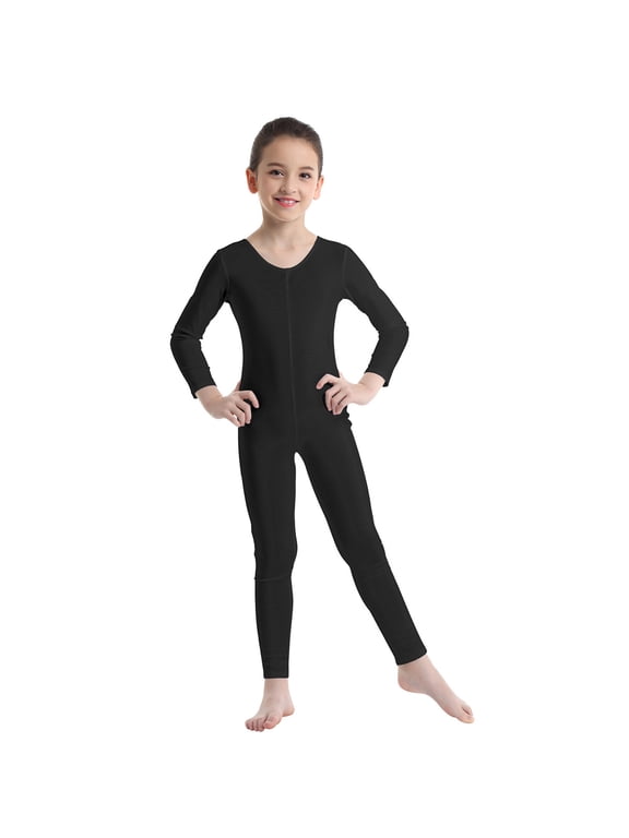 Kids Boys Girls Long Sleeve Full Body Jumpsuit Ballet Dance Gymnastic Sports Leotard Bodysuit Black 7-8