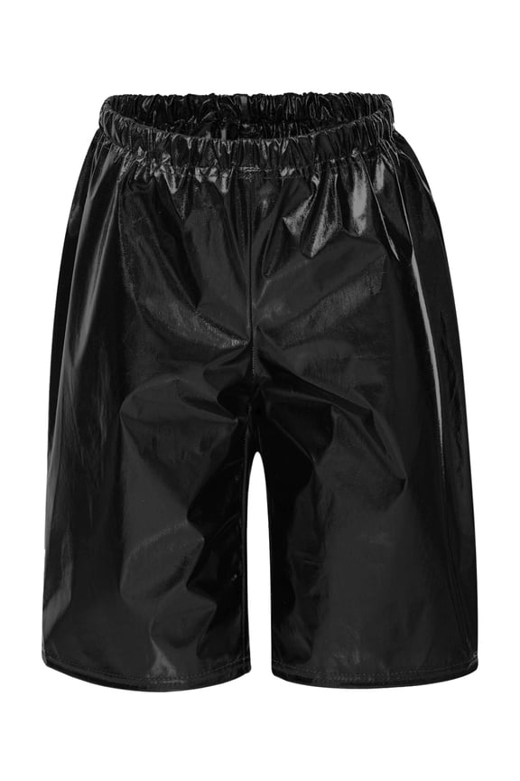 Kids Boys Girls Shiny Metallic Hip Hop Dance Shorts Loose Elastic Waistband Leather Black 150