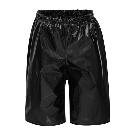 Sinleey Kids Boys Girls Shiny Metallic Hip Hop Dance Shorts Loose Elastic Waistband Leather Black 160