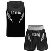 Sinleey Kids Boys Mixed Martial Arts MMA Boxer Costume Sleeveless Letter Printed Boxing Vest Tank Tops with Shorts Set Black&Silver 16