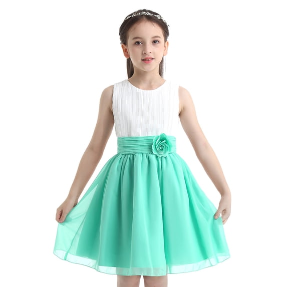 Sinleey Kids Flower Girls Wedding Chiffon Dress Pleated Sleeveless Birthday Pageant Formal Gown White&Turquoise 12