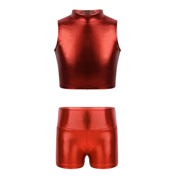 Sinleey Kids Girls 2 Piece Dance Outfits Shiny Mock Neck Crop Top with Shorts Gymnastics Tracksuit Red 6