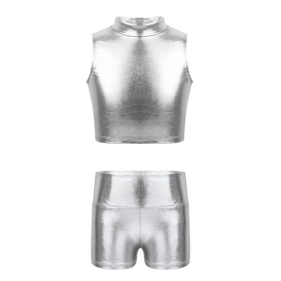 Sinleey Kids Girls 2 Piece Dance Outfits Shiny Mock Neck Crop Top with Shorts Gymnastics Tracksuit Silver 16