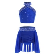 Sinleey Kids Girls 2 Piece Dance Skirt Crop Top Set Jazz Latin Ballroom Performance Costume Lyrical Ballet Dancewear Blue 10