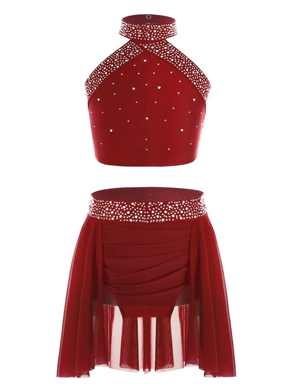 Kids Girls 2 Piece Dance Skirt Crop Top Set Jazz Latin Ballroom Performance Costume Lyrical Ballet Dancewear Burgundy 6