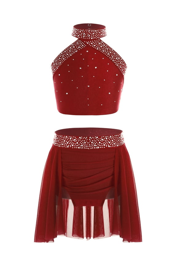 Kids Girls 2 Piece Dance Skirt Crop Top Set Jazz Latin Ballroom Performance Costume Lyrical Ballet Dancewear Burgundy 6