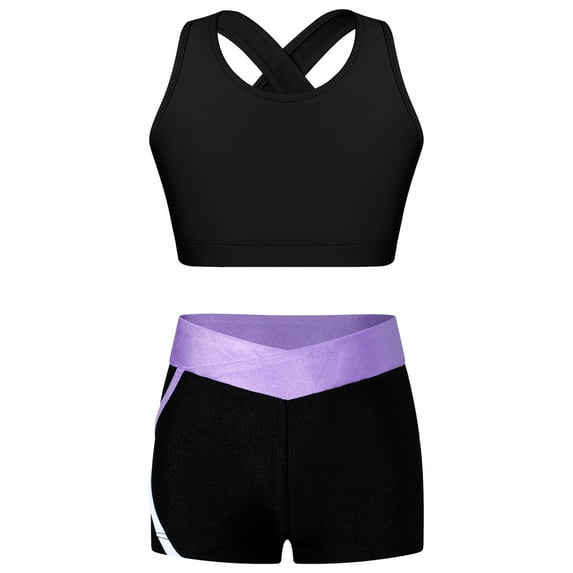 Sinleey Kids Girls 2 Pieces Dance Outfit Gymnastics Crop Tank Sleeveless Shiny Tops Sport Bra and Black&Lavender 10