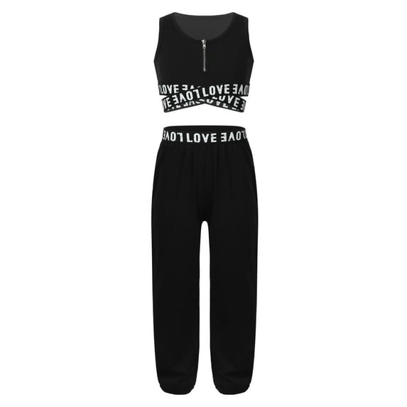 Sinleey Kids Girls Athletic Sports Outfit Gymnastics Dance Crop Tops with Yoga Pants Trousers Set Black 14