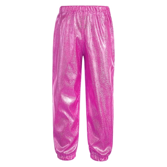 Sinleey Kids Girls Boys Glittery Metallic Harem Pants Hip Hop Latin Streets Casual Sweatpants Tighten Hot Pink 140