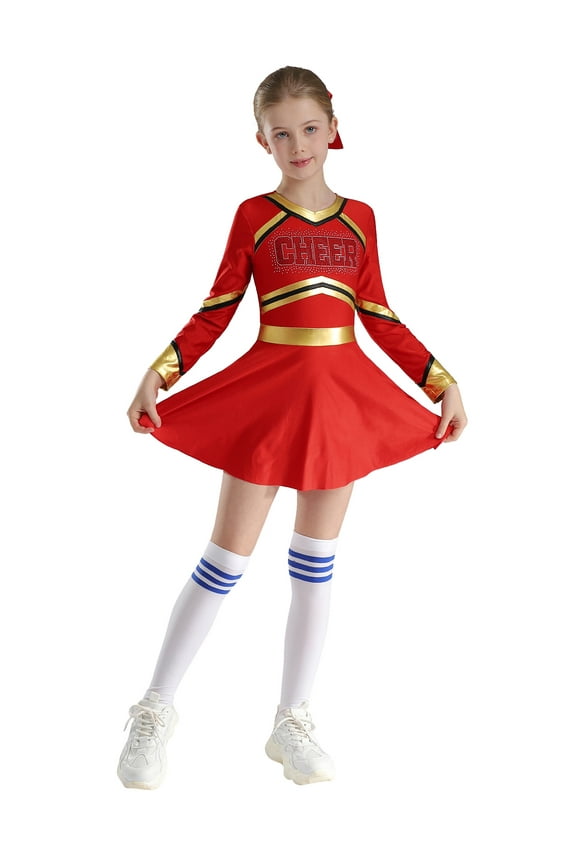 Kids Girls Cheerleading Outfit Long Sleeve Cheer Uniform Dress for Halloween Party Dress Up Red 10