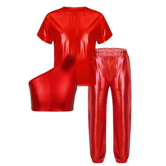 Sinleey Kids Girls Cheerleading Outfit Shiny Shirts One Shoulder Tops Sleeveless Crop Tank and Hip Red 16
