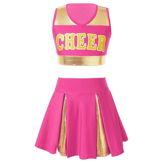 Sinleey Kids Girls Cheerleading Uniform Sleeveless Crop Top with Skirt Set Halloween Cheer Cosplay Costume Hot Pink 6