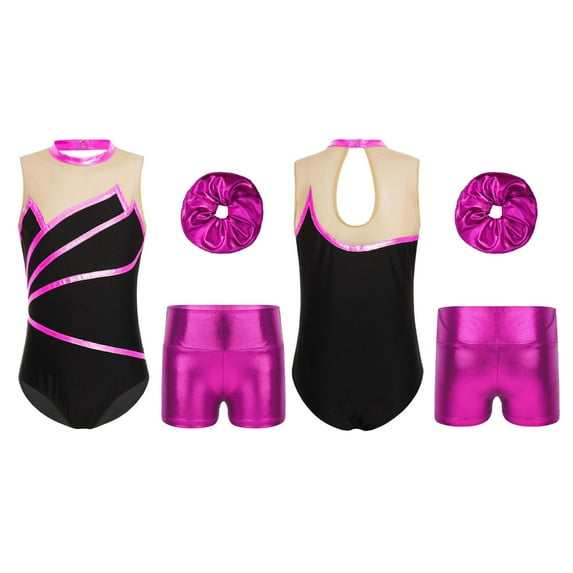 Sinleey Kids Girls Dance Outfit Sleeveless Ballet Gymnastic Leotard Bodysuit with Metallic Shorts Hot Pink 6