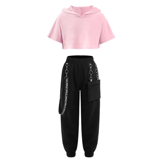 Sinleey Kids Girls Dance Outfits Jazz Hip Hop Street Cropped Hoodie Sweatshirts with Jogger Pants Pink 6