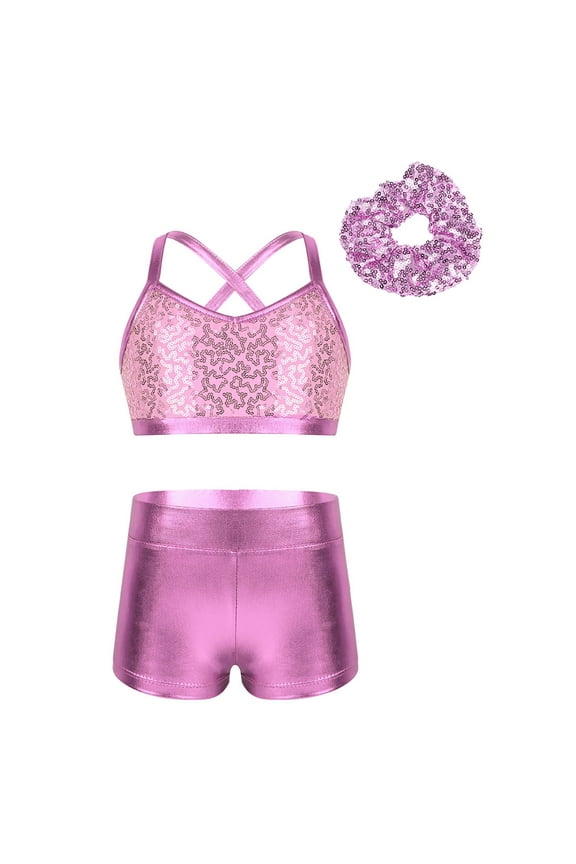 Kids Girls Dance Workout Cami Tops with Bottoms 2Pcs Gymnastics Tracksuit Athletic Outfit Set Pink 10