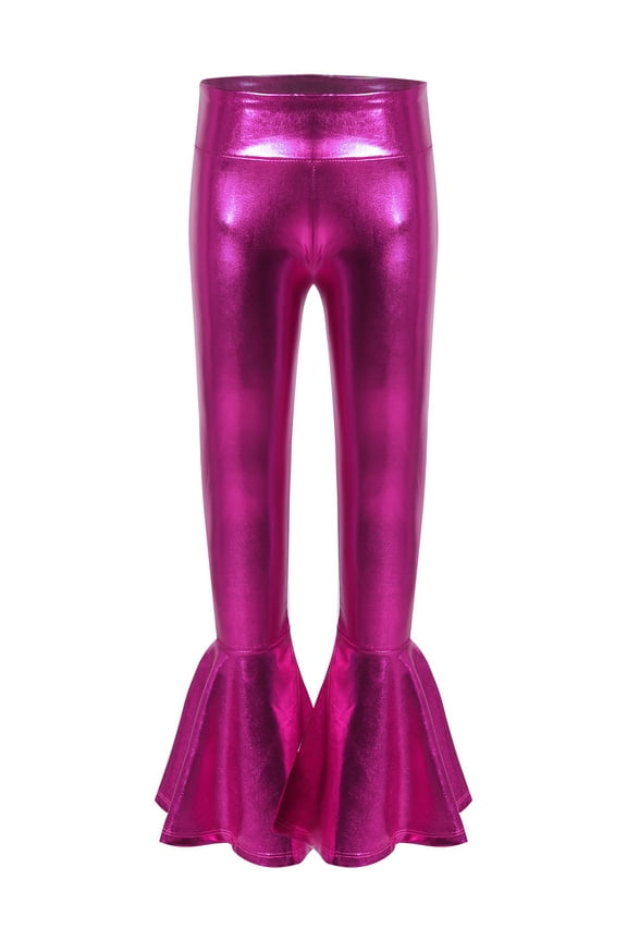 Kids Girls Elastic Waist Flare Shiny Leggings Trousers Metallic Mermaid Stretchy Ruffle Bell Hot Pink 14