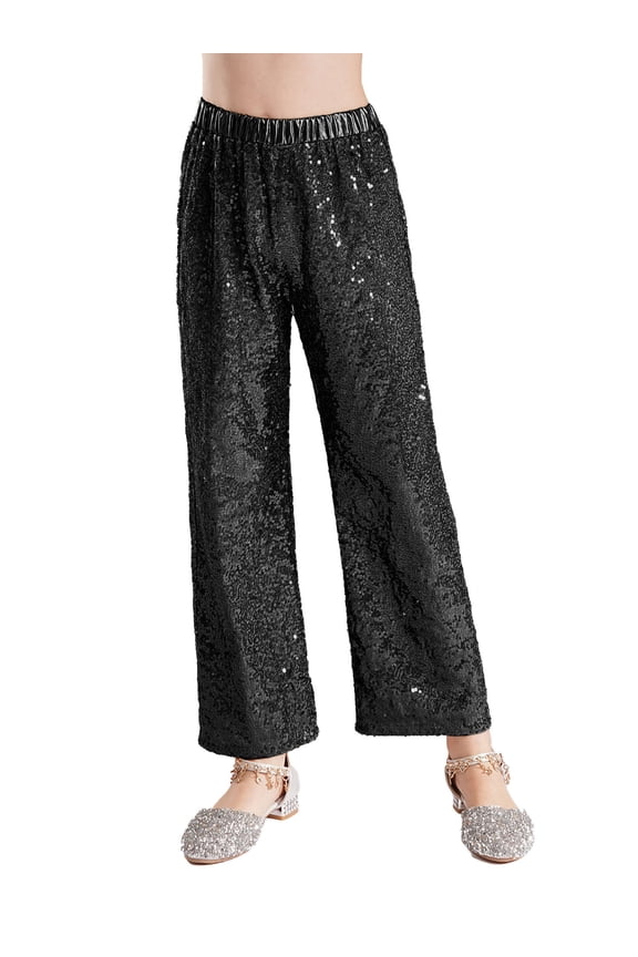 Kids Girls Glitter Sequin Elastic Waist Bell Bottom Pants Hip Hop Performance Disco Party Black 8