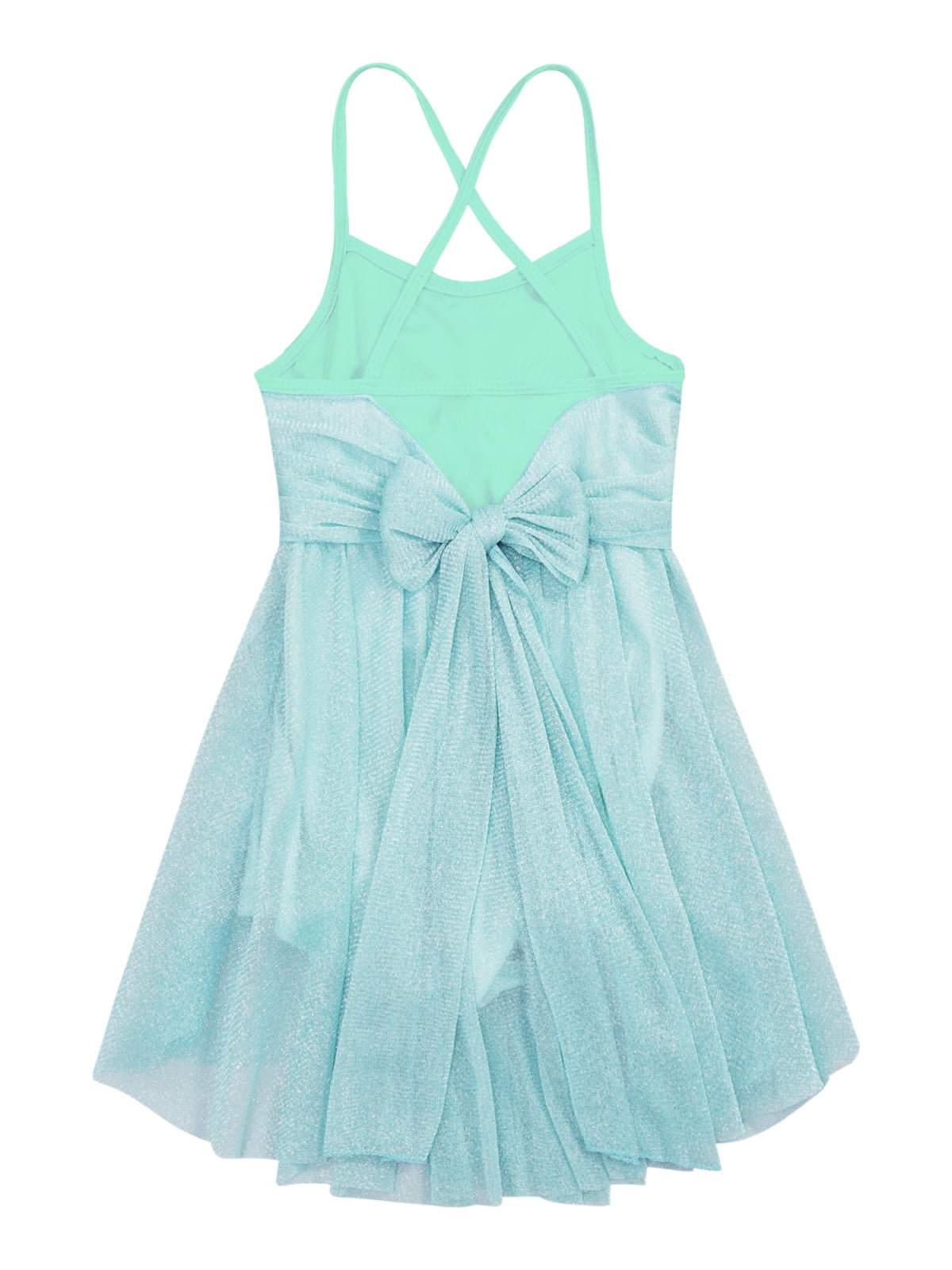 Kids Girls Cross Back Dancewear Glittery Mesh Spaghetti