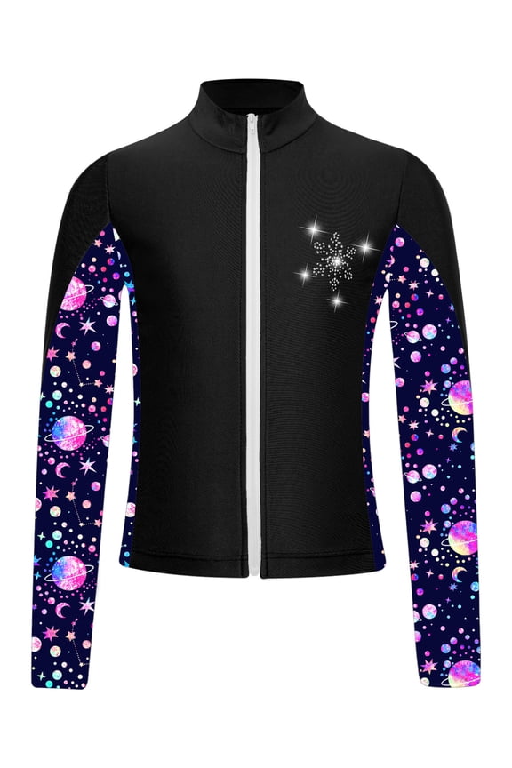 Kids Girls Gym Workout Athletic Sport Jacket Zipper Sparkly Rhinestone Figure Ice Skating Black 12