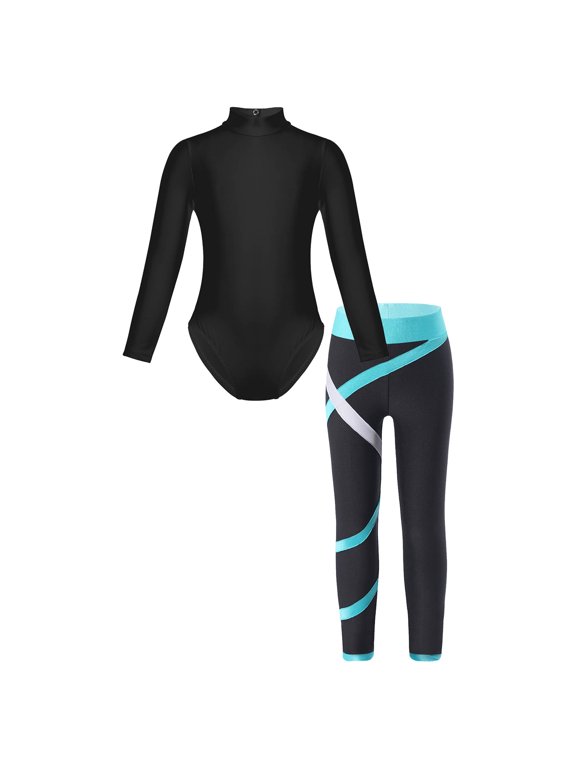 Kids Girls Gymnastics Long Sleeve Leotard with Leggings Set Athletic Ballet Unitard 2 Piece Green M