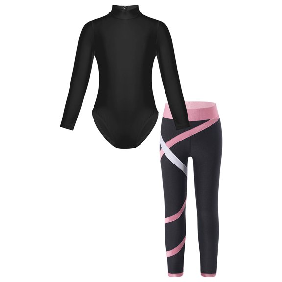 Sinleey Kids Girls Gymnastics Long Sleeve Leotard with Leggings Set Athletic Ballet Unitard 2 Piece Pink M
