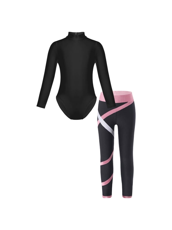 Kids Girls Gymnastics Long Sleeve Leotard with Leggings Set Athletic Ballet Unitard 2 Piece Pink M