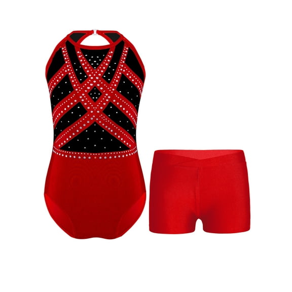 Sinleey Kids Girls Gymnastics Outfit Glitter Rhinestones Leotard Ice Skating Bodysuit with Dance Red 8