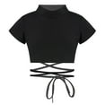 thumbnail image 1 of Sinleey Kids Girls Hip Hop Crop Top Vest Short Sleeve Mock Neck Strappy Jazz Modern Dance T-Shirts Black 110, 1 of 7