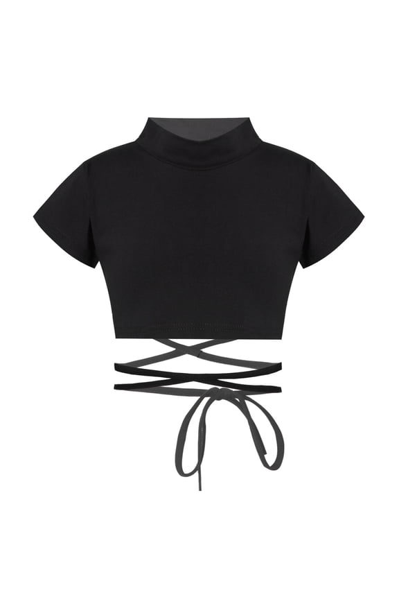 Kids Girls Hip Hop Crop Top Vest Short Sleeve Mock Neck Strappy Jazz Modern Dance T-Shirts Black 110