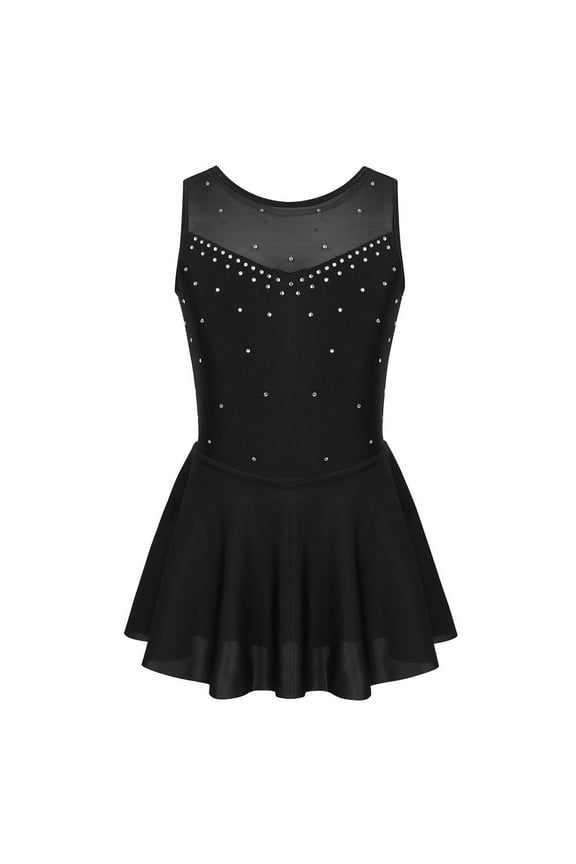 Kids Girls Ice Skating Diamond Mesh Splice Leotard Ballet Latin Jazz Dance Dress Black 6