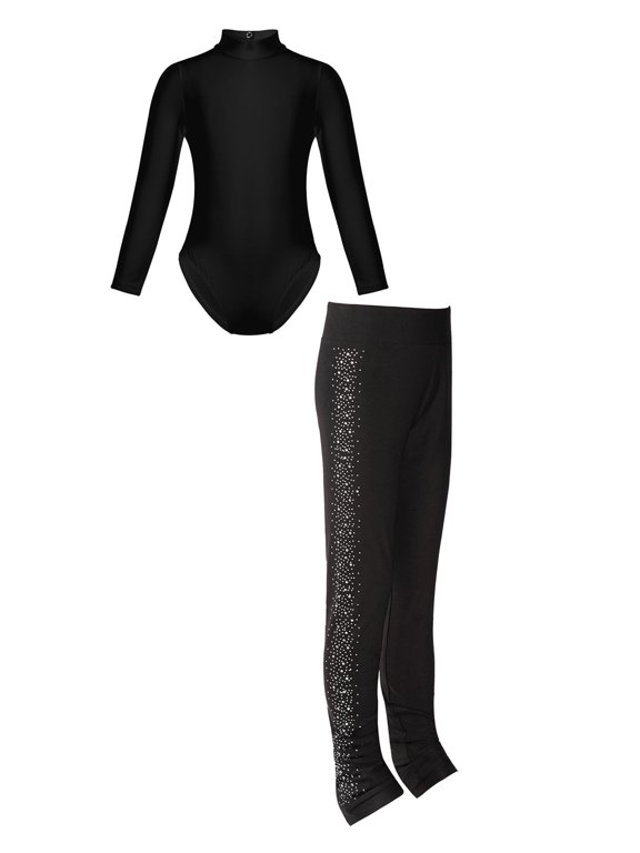 Kids Girls Ice Skating Outfit Gymnastics Dance Leotard Bodysuit with Figure Skating Tights B Black M
