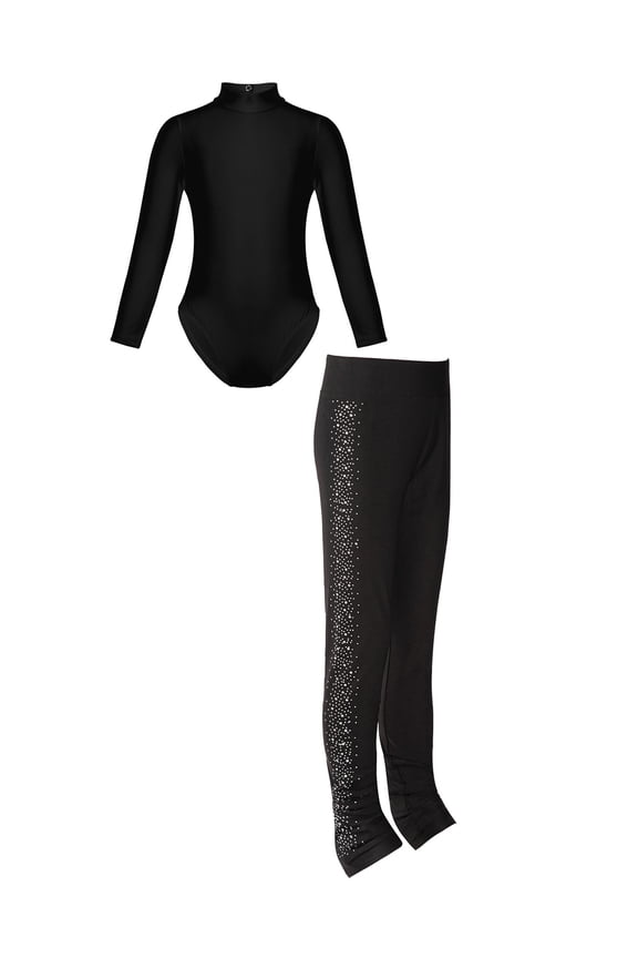 Kids Girls Ice Skating Outfit Gymnastics Dance Leotard Bodysuit with Figure Skating Tights B Black XL