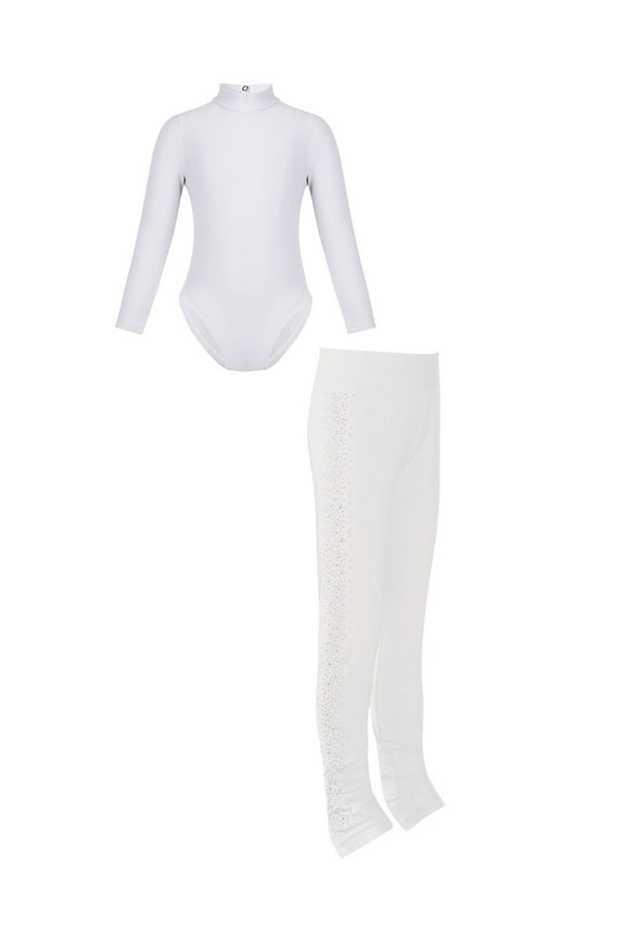 Kids Girls Ice Skating Outfit Gymnastics Dance Leotard Bodysuit with Figure Skating Tights B White XXL