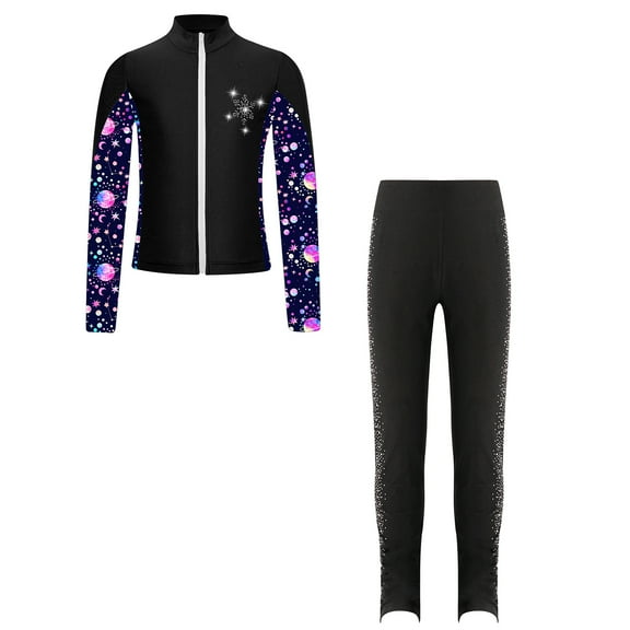 Sinleey Kids Girls Ice Skating Outfits Long Sleeve Zipper Skating Jacket with Shiny Leggings Black 8