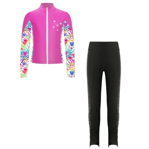 Sinleey Kids Girls Ice Skating Outfits Long Sleeve Zipper Skating Jacket with Shiny Leggings Hot Pink 14