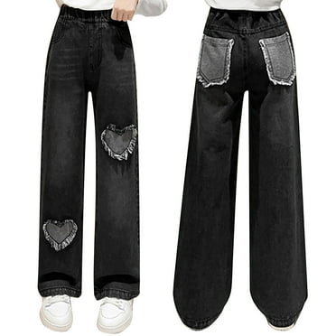 Sinleey Kids Girls Raw Edge Heart-Shaped Patch Wide Leg Jeans Distressed Denim Pants Casual Denim Black 140