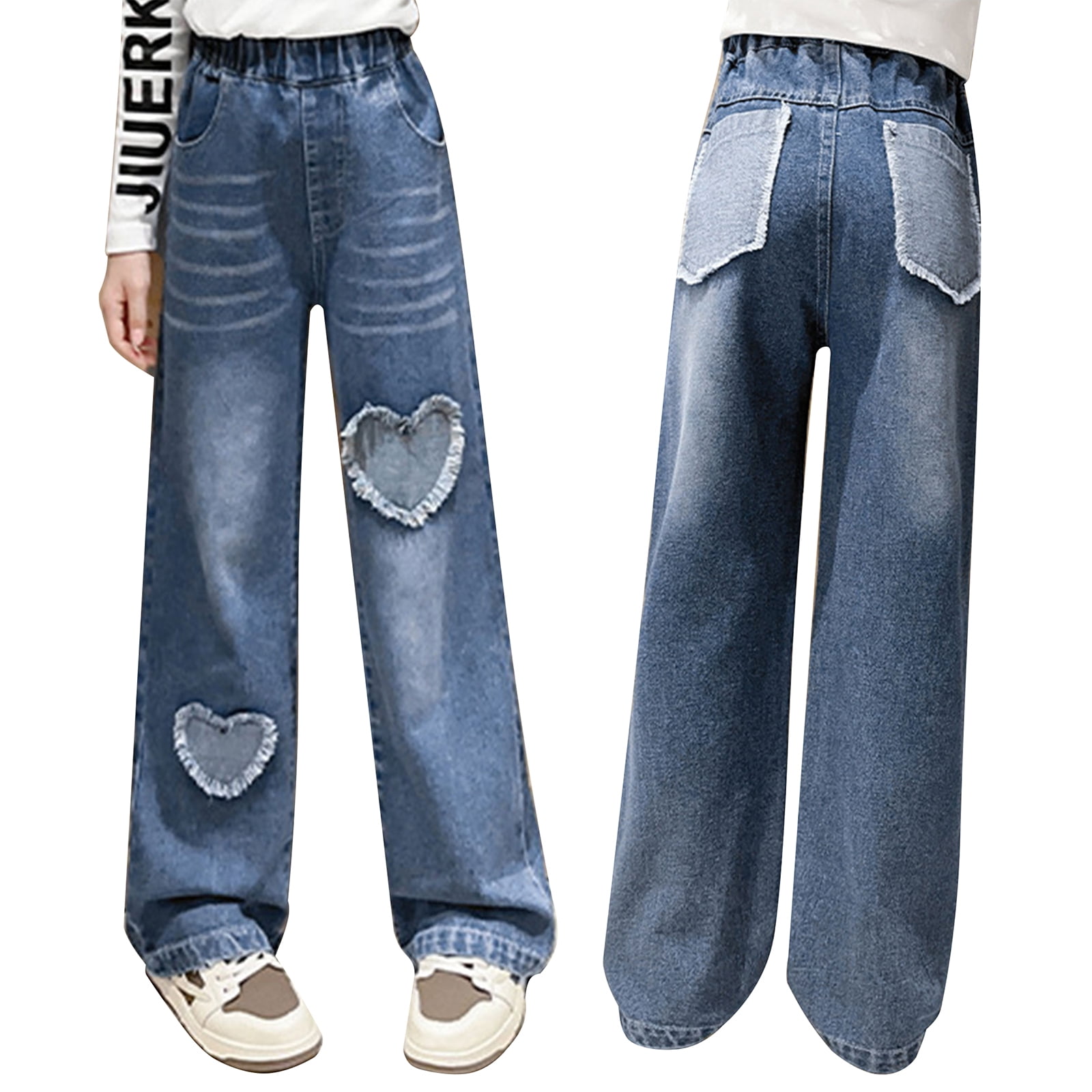 Sinleey Kids Girls Raw Edge Heart-Shaped Patch Wide Leg