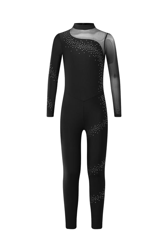 Kids Girls Rhinestone Mesh Splice Unitard Turtleneck Long Sleeve Gymnastics Dance Skating Black 16