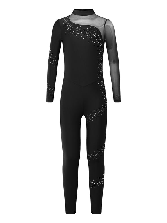 Kids Girls Rhinestone Mesh Splice Unitard Turtleneck Long Sleeve Gymnastics Dance Skating Black 8