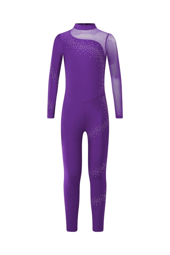 Kids Girls Rhinestone Mesh Splice Unitard Turtleneck Long Sleeve Gymnastics Dance Skating Purple 6