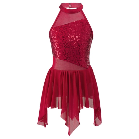 Sinleey Kids Girls Sequins Irregular Skirt Leotard Lyrical Modern Contemporary Latin Jazz Dance Dress Burgundy 6