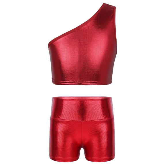 Sinleey Kids Girls Shiny Metallic Crop Tank Top and Boy Shorts Set Stage Performance Dancewear Red 150