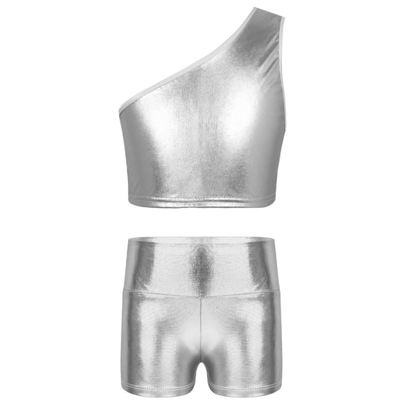 Sinleey Kids Girls Shiny Metallic Crop Tank Top and Boy Shorts Set Stage Performance Dancewear Silver 150