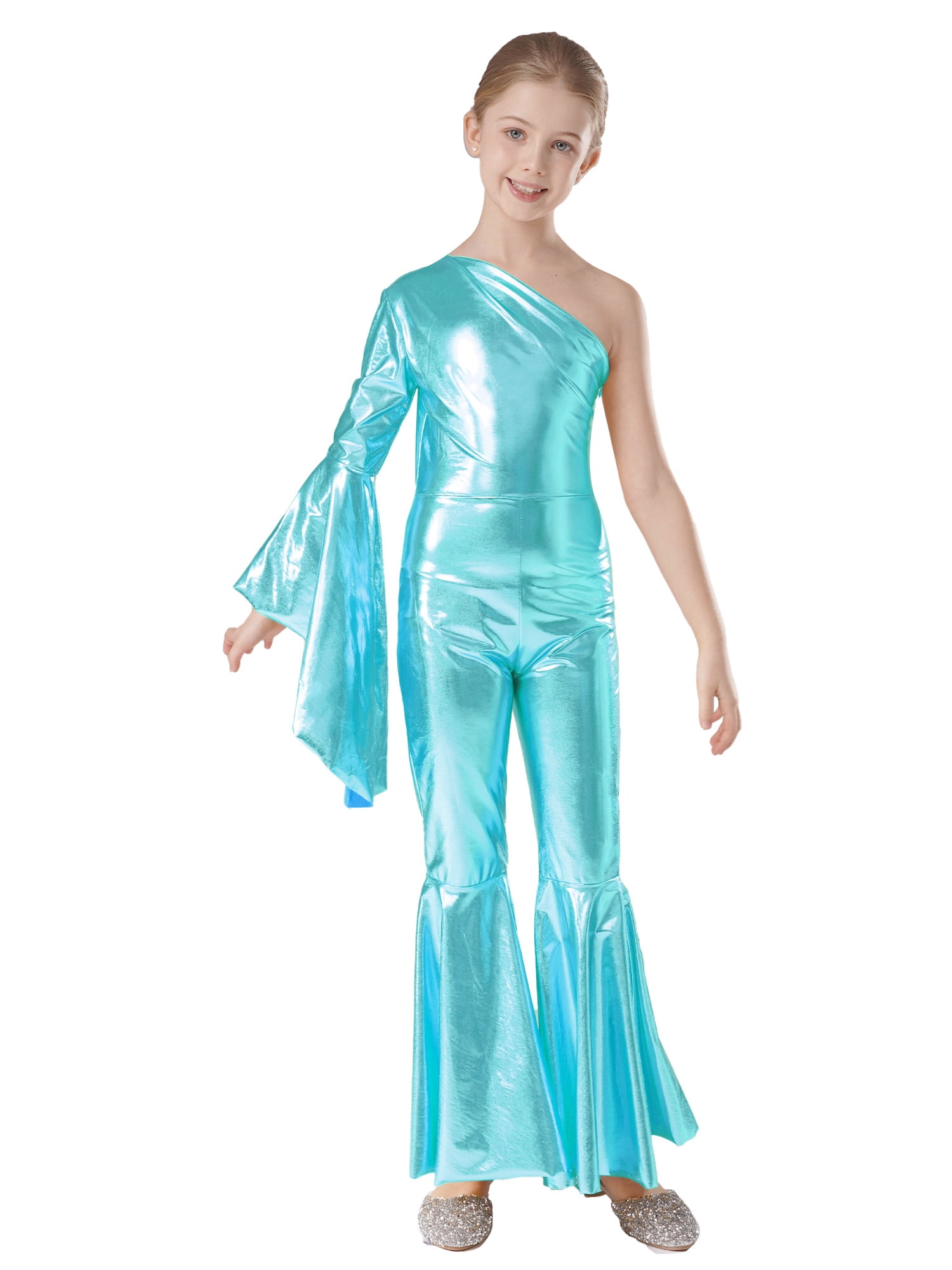 Sinleey Kids Girls Shiny Metallic One Shoulder Flare Sleeve Dance ...