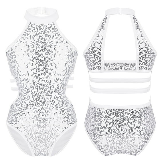 Sinleey Kids Girls Shiny Sequins Gymnastics Leotard Sleeveless Ballet Dance Athletic Bodysuit Romper White 6