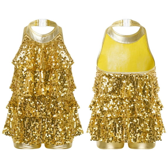 Sinleey Kids Girls Shiny Sequins Halter Ballet Dance Leotard Dress Latin Jazz Dancing Performance Costume Gold 14